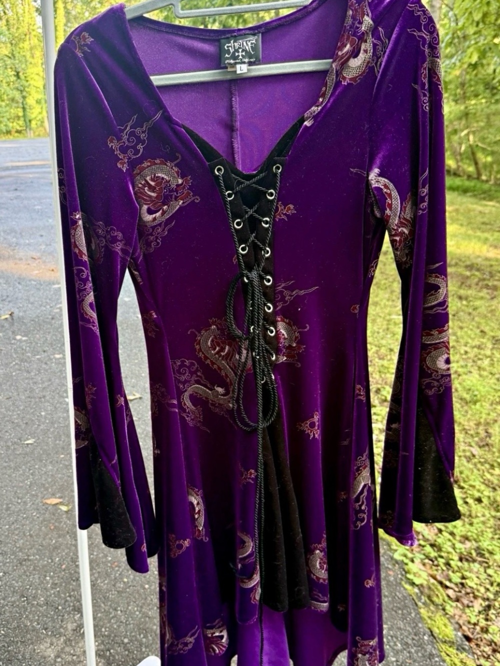 Velvet Lace-Up Dragon Print Tunic Dress in Purple